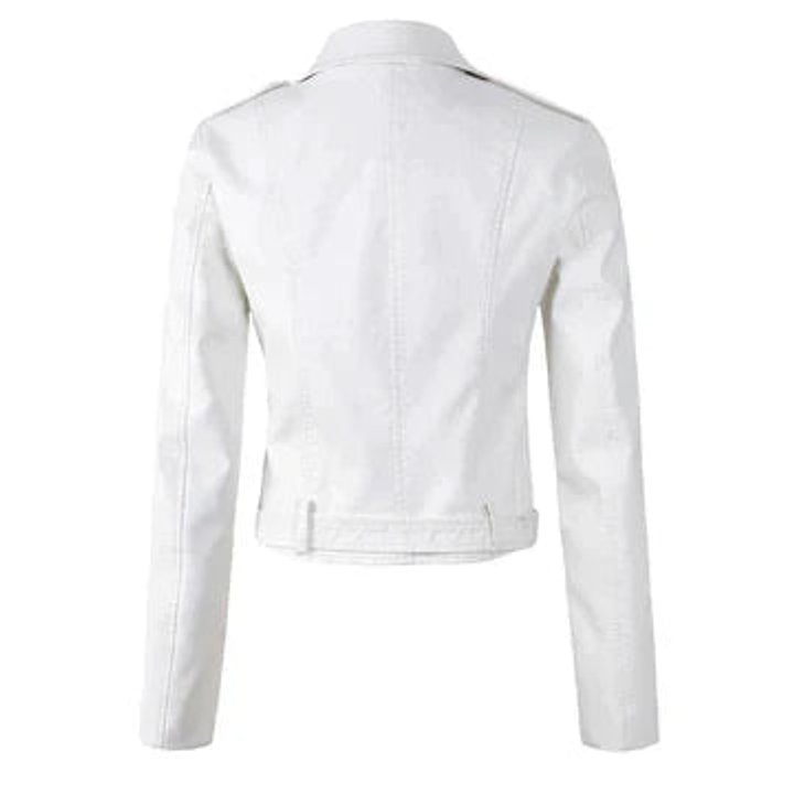 Damen Bikerjacke Kurzjacke Kunstleder Tailliert mit Reißverschluss und Gürtel 3