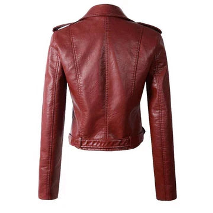 Damen Bikerjacke Kurzjacke Kunstleder Tailliert mit Reißverschluss und Gürtel 4