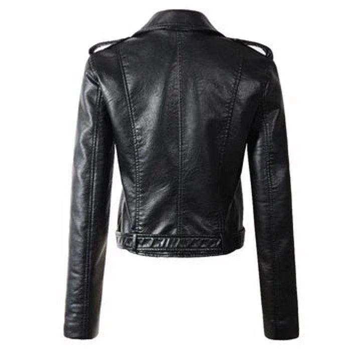 Damen Bikerjacke Kurzjacke Kunstleder Tailliert mit Reißverschluss und Gürtel 5