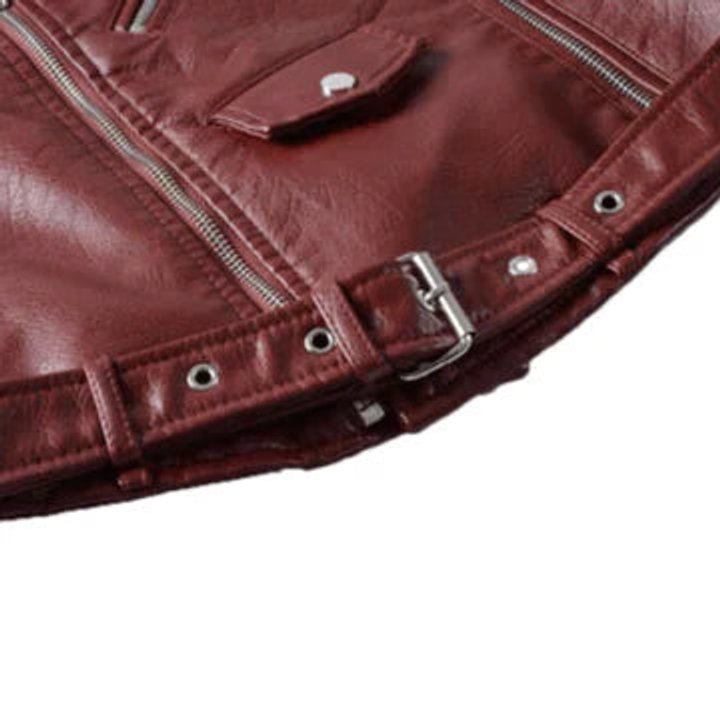 Damen Bikerjacke Kurzjacke Kunstleder Tailliert mit Reißverschluss und Gürtel 8