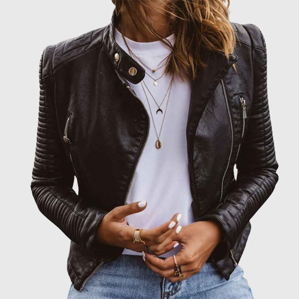 Damen Bikerjacke Tailliert mit Reißverschluss Eleganter Schnitt Echtlederjacke 1