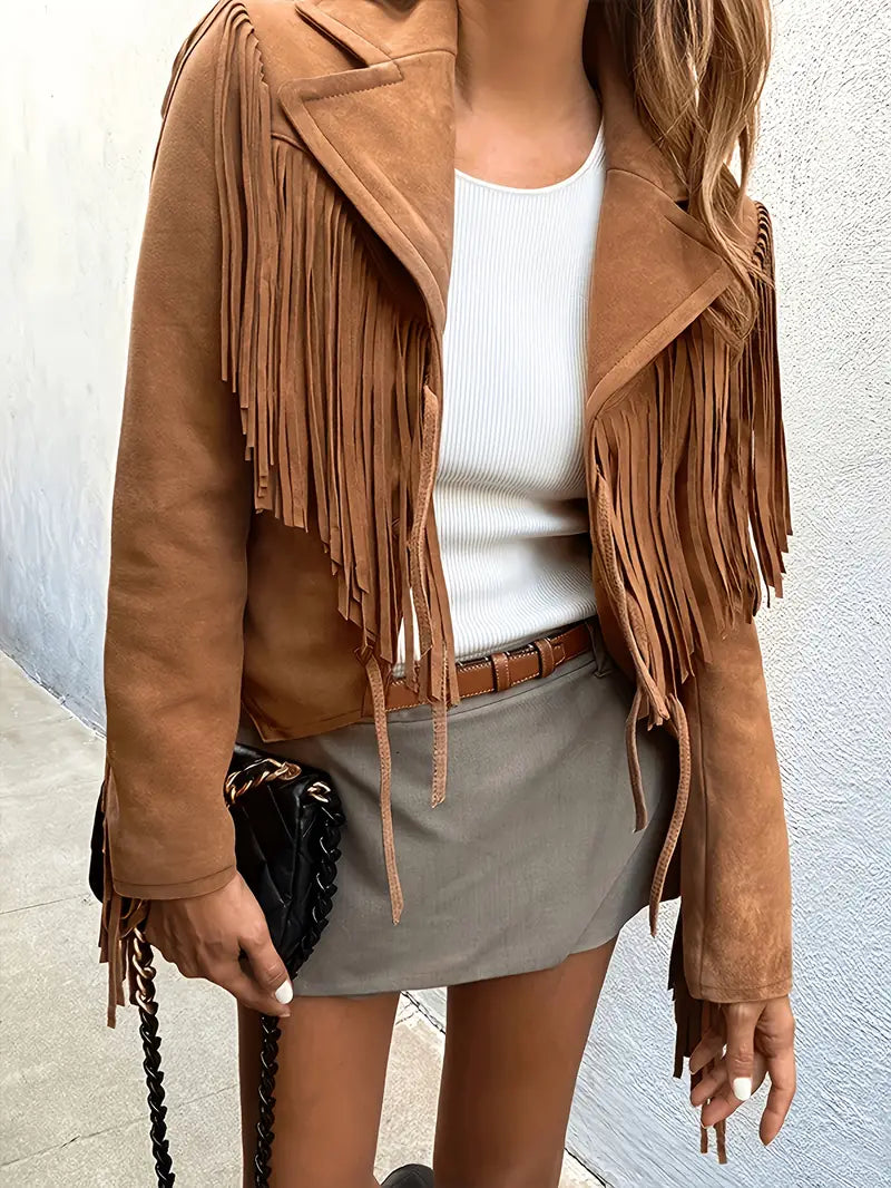 Damen Boho-Chic Jacke mit Fransen Wildlederimitat Lässiger Offener Schnitt 0