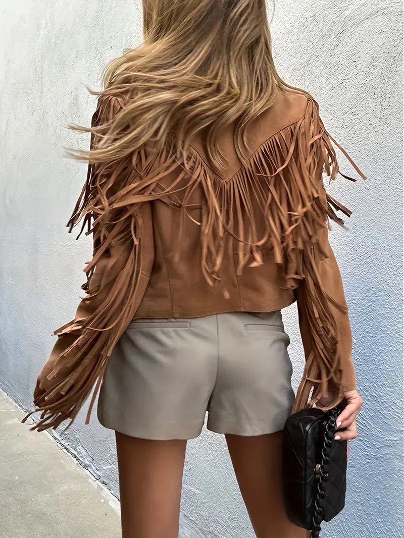 Damen Boho-Chic Jacke mit Fransen Wildlederimitat Lässiger Offener Schnitt 1