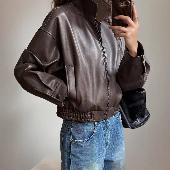 Damen Bomberjacke Kunstleder mit elastischem Bund und Reißverschluss für lässigen Stil 1