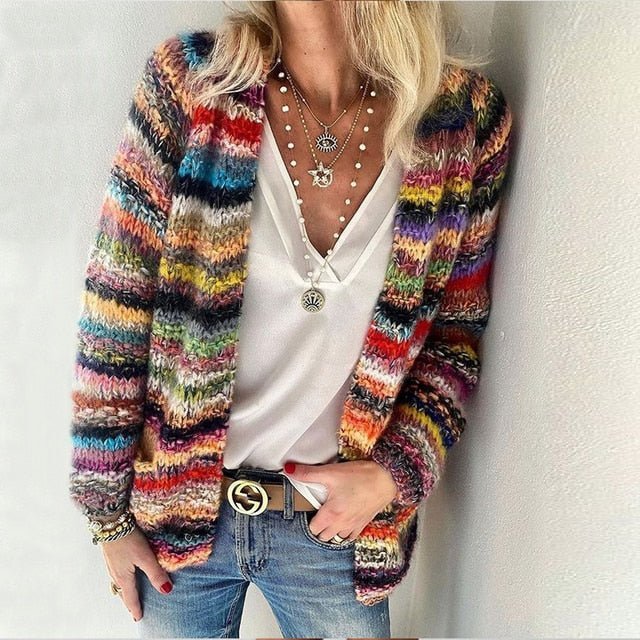 Damen Bunter Langarm Strick-Cardigan Offene Passform für Herbst und Winter 0
