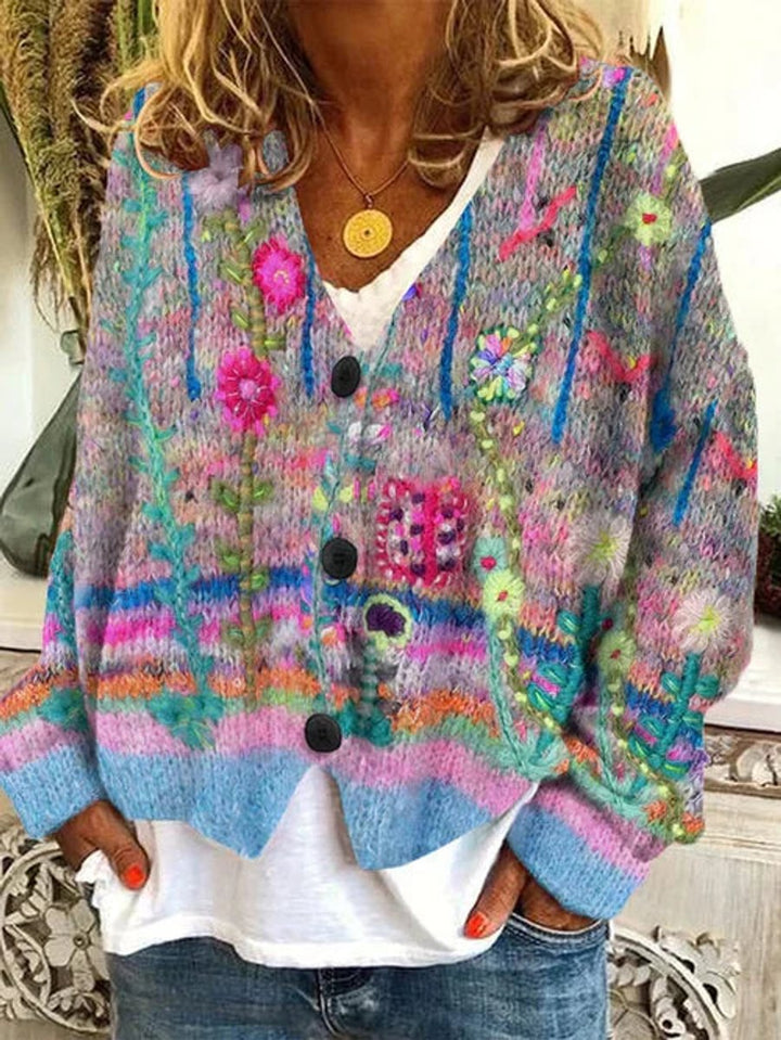 Damen Cardigan mit Retro Blumenmuster und Knopfleiste Buntes Strickdesign 0