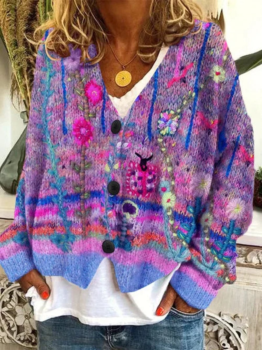 Damen Cardigan mit Retro Blumenmuster und Knopfleiste Buntes Strickdesign 1