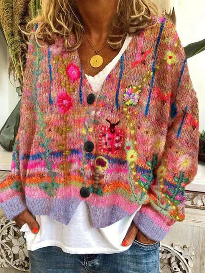 Damen Cardigan mit Retro Blumenmuster und Knopfleiste Buntes Strickdesign 2
