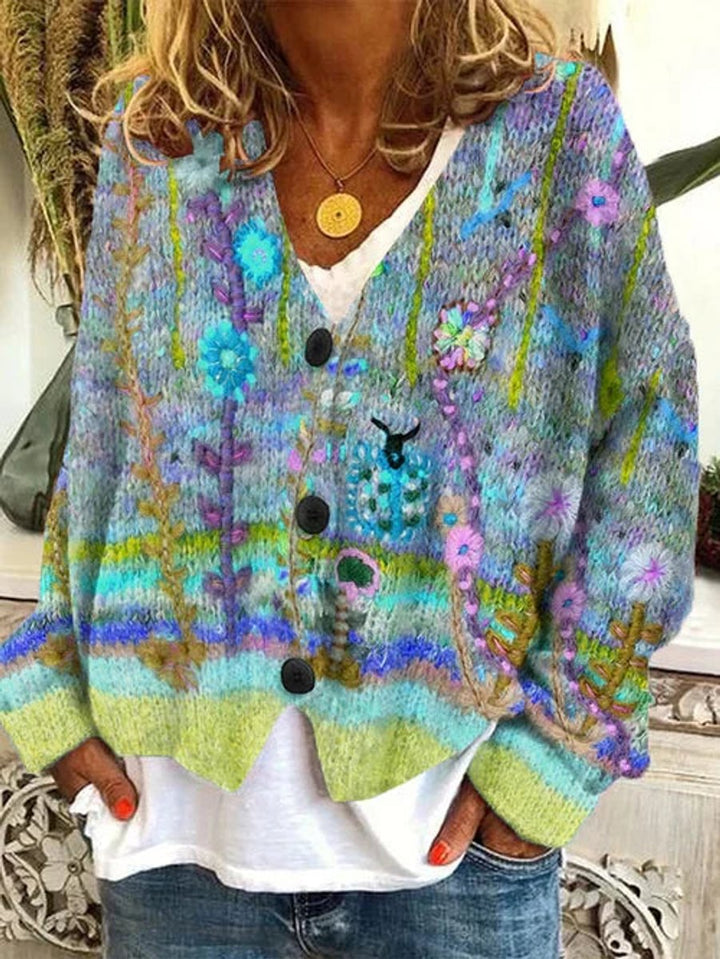 Damen Cardigan mit Retro Blumenmuster und Knopfleiste Buntes Strickdesign 3