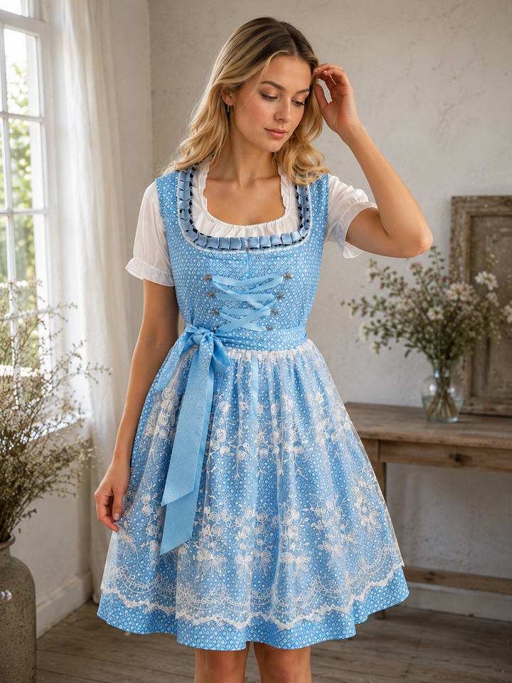 Damen Dirndl mit Schnürmieder, Plissiertem Rock und Transparenter Schürze in Blau 2