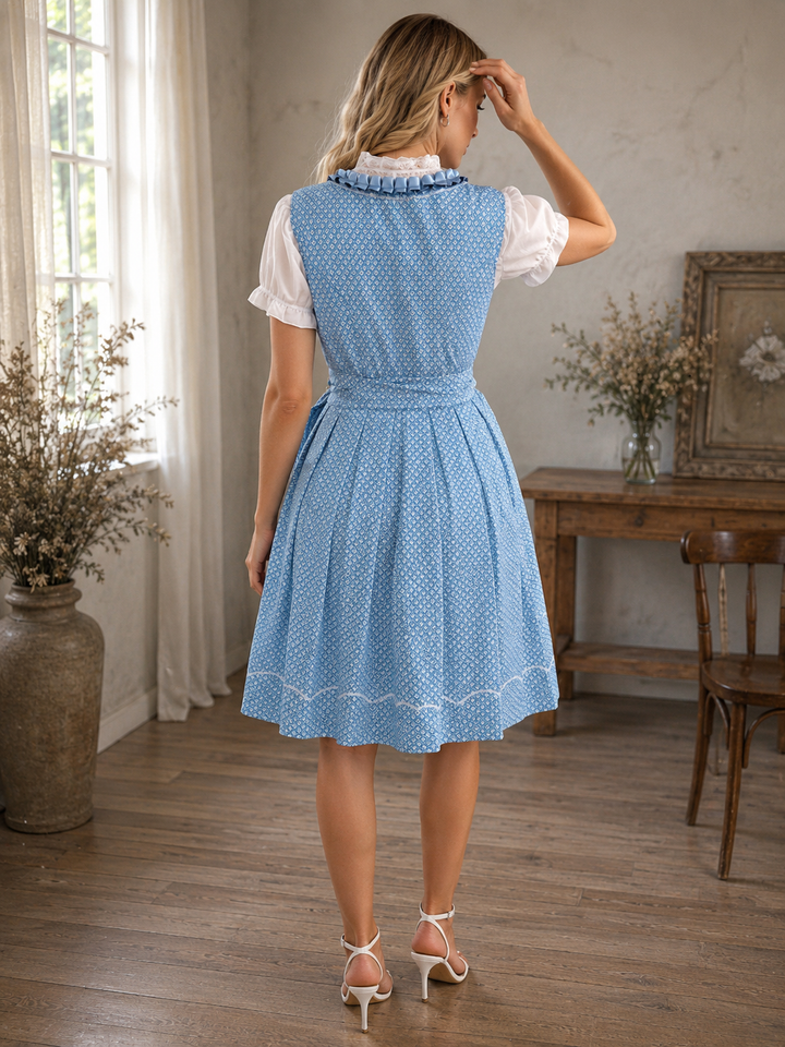Damen Dirndl mit Schnürmieder, Plissiertem Rock und Transparenter Schürze in Blau 3