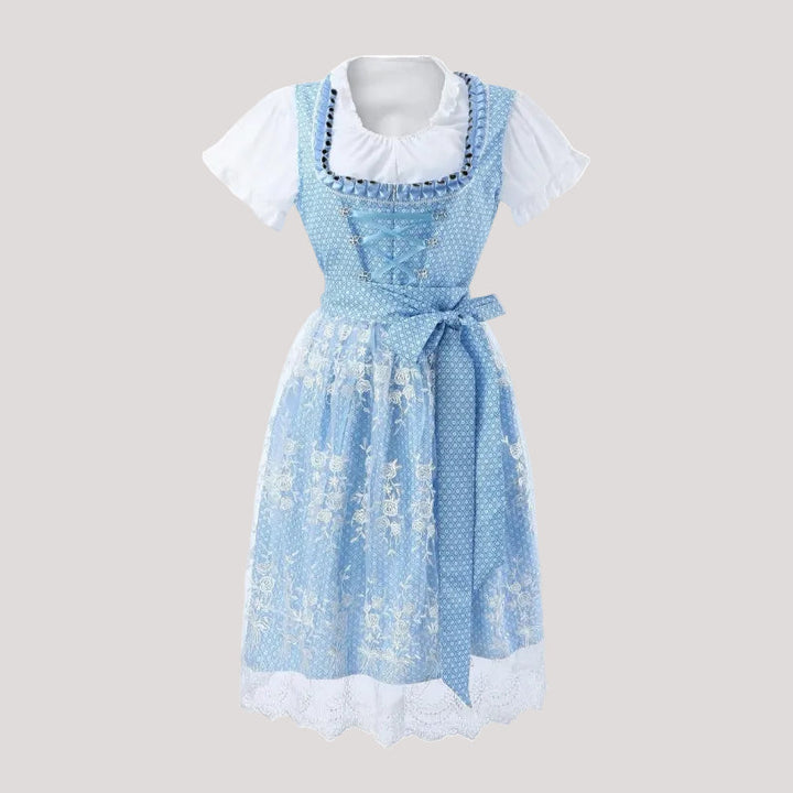 Damen Dirndl mit Schnürmieder, Plissiertem Rock und Transparenter Schürze in Blau 4