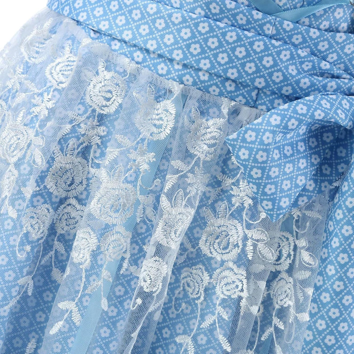 Damen Dirndl mit Schnürmieder, Plissiertem Rock und Transparenter Schürze in Blau 5