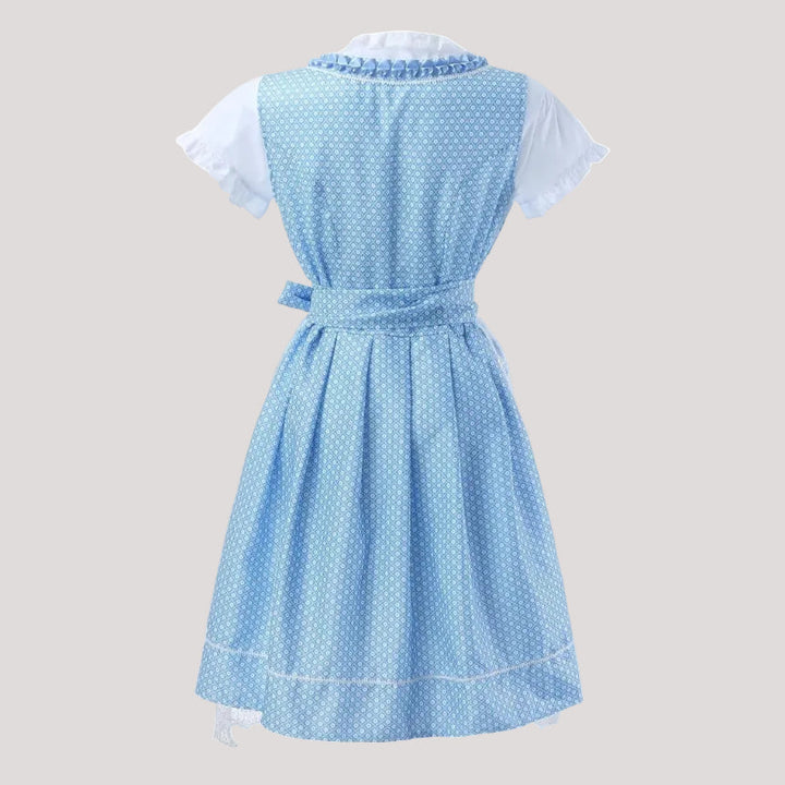 Damen Dirndl mit Schnürmieder, Plissiertem Rock und Transparenter Schürze in Blau 6