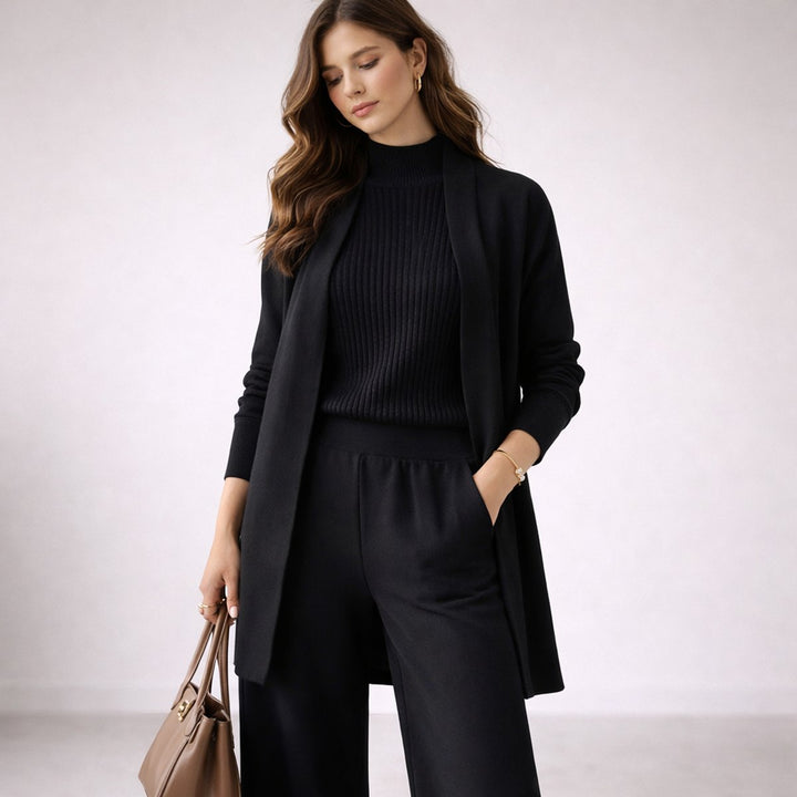 Damen Dreiteiliges Strick-Loungewear-Set mit langem Cardigan Komfortabel und Stilvoll 2