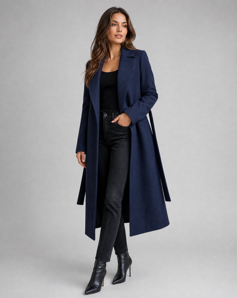 Damen Eleganter Trenchcoat mit Gürtel Lang Schnitt Wintermantel Stilvoll 0