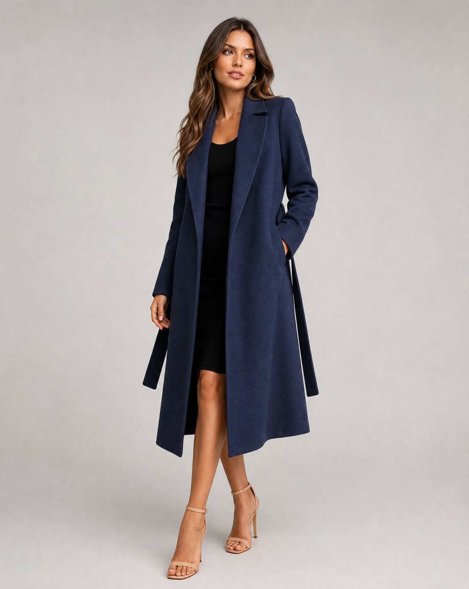 Damen Eleganter Trenchcoat mit Gürtel Lang Schnitt Wintermantel Stilvoll 1