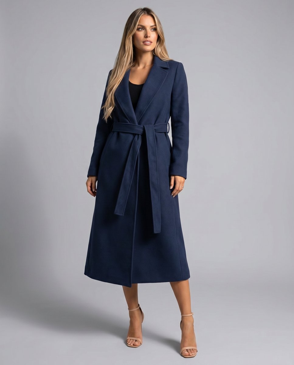 Damen Eleganter Trenchcoat mit Gürtel Lang Schnitt Wintermantel Stilvoll 3