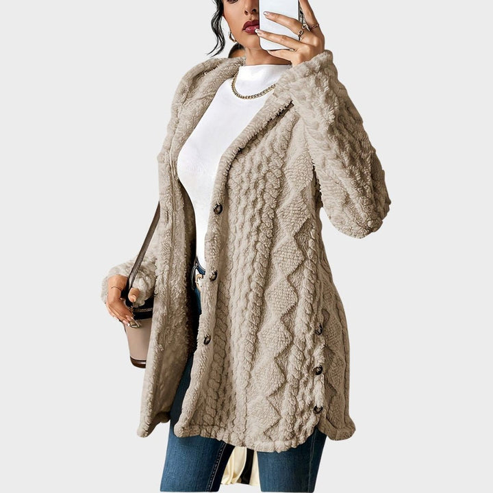 Damen Flauschiger Oversized Kapuzen-Cardigan mit Knopfleiste Komfortabler Plüschpullover 1