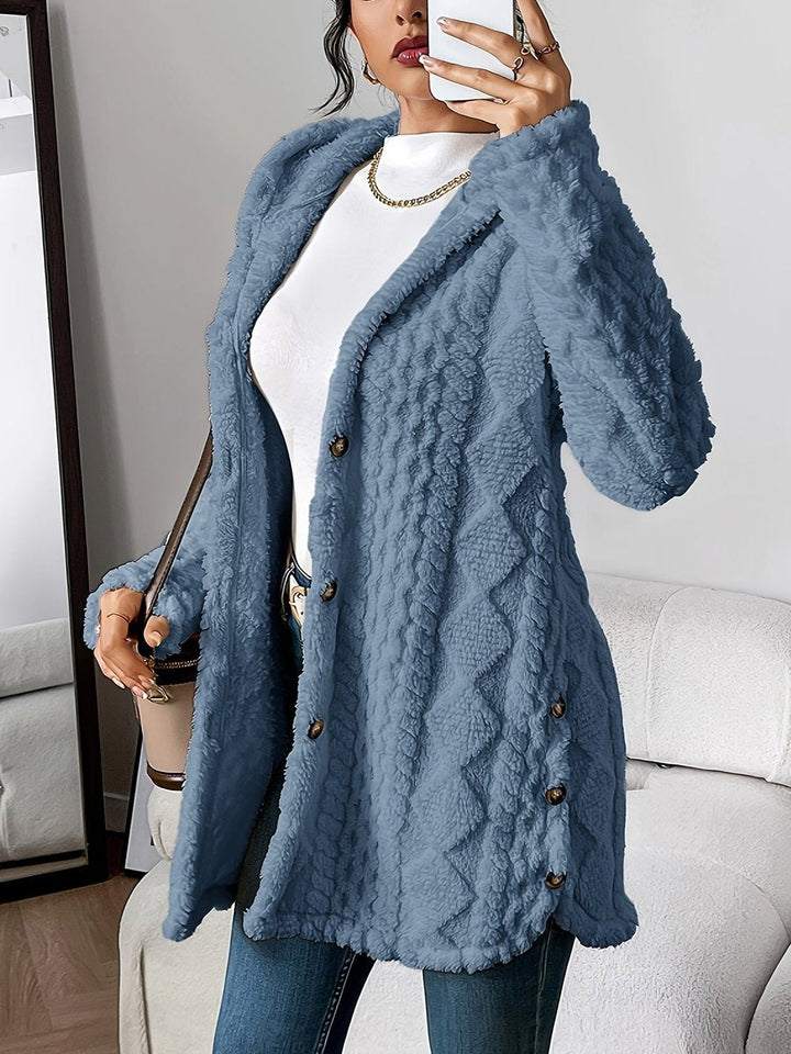Damen Flauschiger Oversized Kapuzen-Cardigan mit Knopfleiste Komfortabler Plüschpullover 2