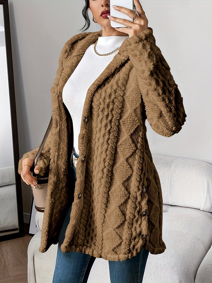 Damen Flauschiger Oversized Kapuzen-Cardigan mit Knopfleiste Komfortabler Plüschpullover 3