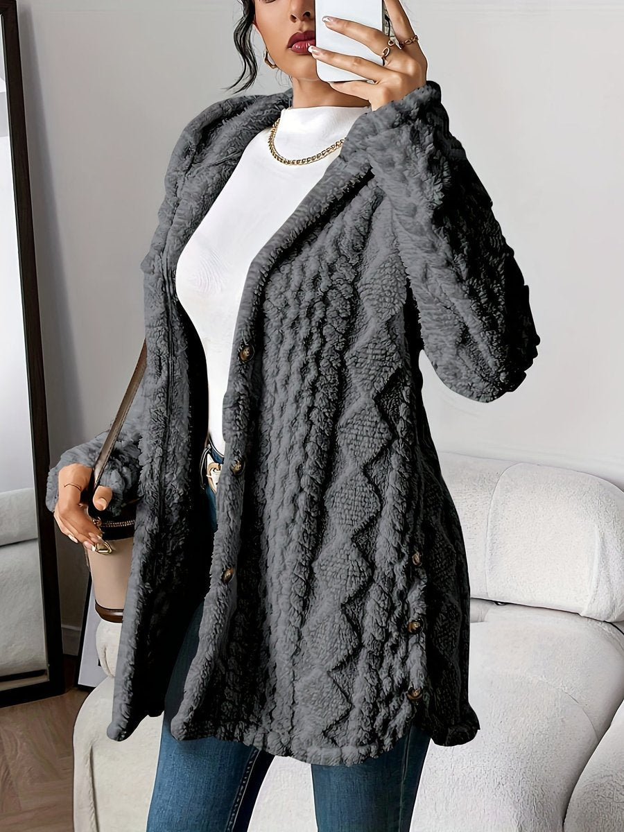Damen Flauschiger Oversized Kapuzen-Cardigan mit Knopfleiste Komfortabler Plüschpullover 4