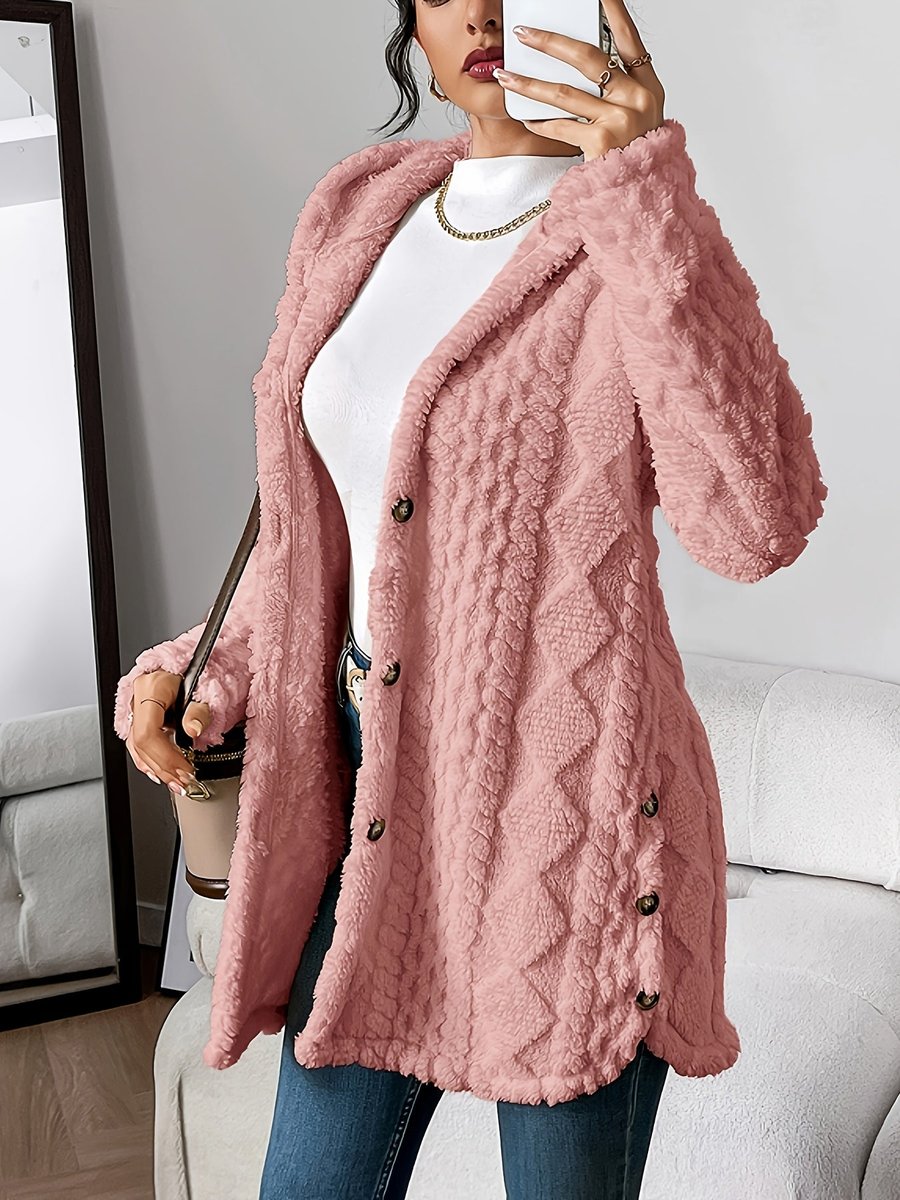 Damen Flauschiger Oversized Kapuzen-Cardigan mit Knopfleiste Komfortabler Plüschpullover 7