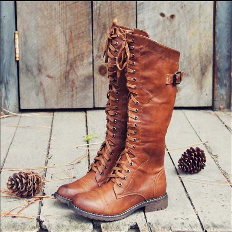 Damen Hohe Schnürstiefel im Reitstil mit Robuster Profilsohle und Sicherem Halt 0