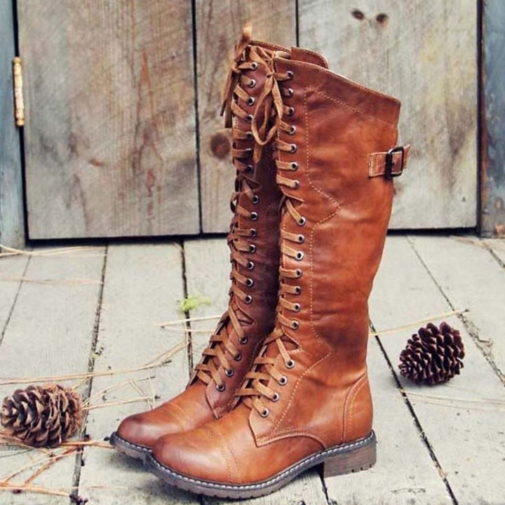 Damen Hohe Schnürstiefel im Reitstil mit robuster Profilsohle und verstellbarem Verschluss 0