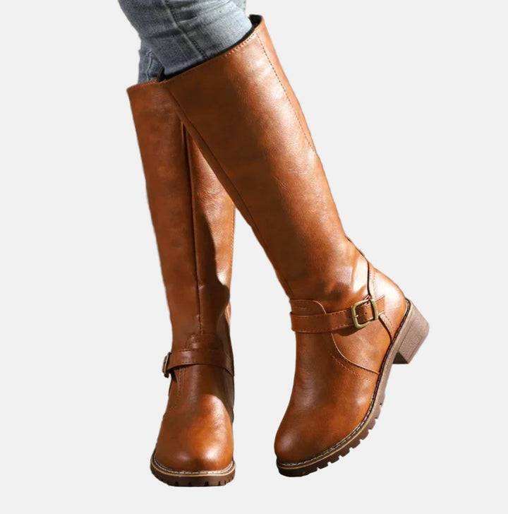 Damen Kniehohe Stiefel mit Schnalle und Reißverschluss Elegante Schlanker Schaft 0