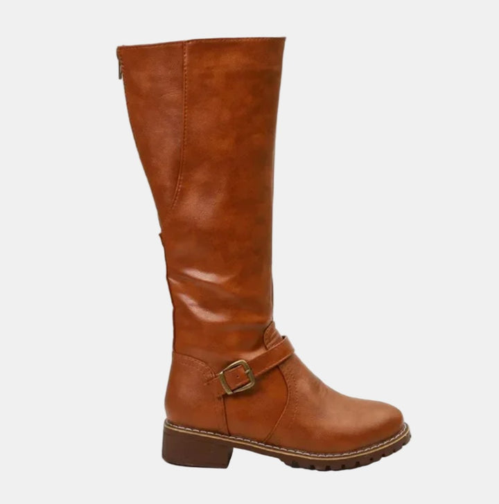 Damen Kniehohe Stiefel mit Schnalle und Reißverschluss Elegante Schlanker Schaft 1