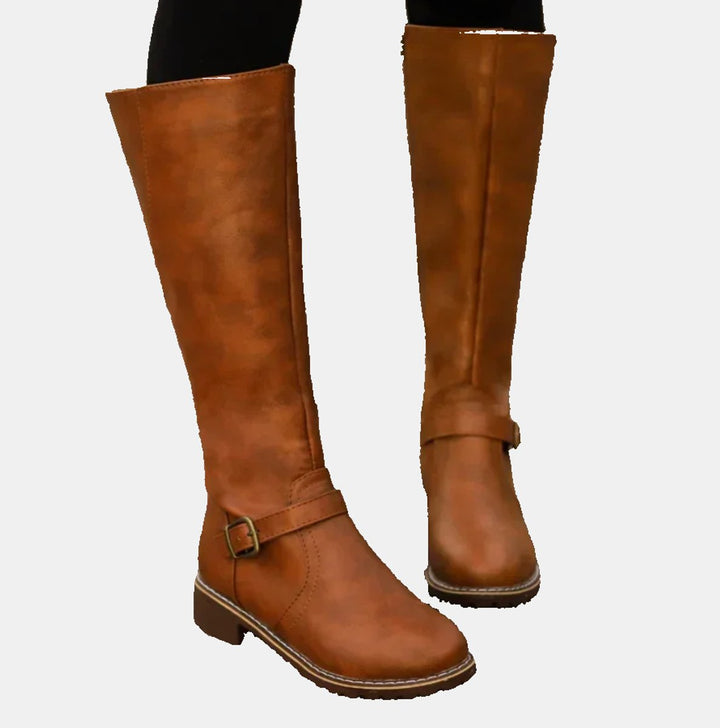 Damen Kniehohe Stiefel mit Schnalle und Reißverschluss Elegante Schlanker Schaft 2