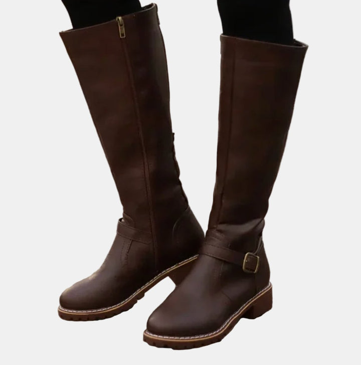 Damen Kniehohe Stiefel mit Schnalle und Reißverschluss Elegante Schlanker Schaft 3