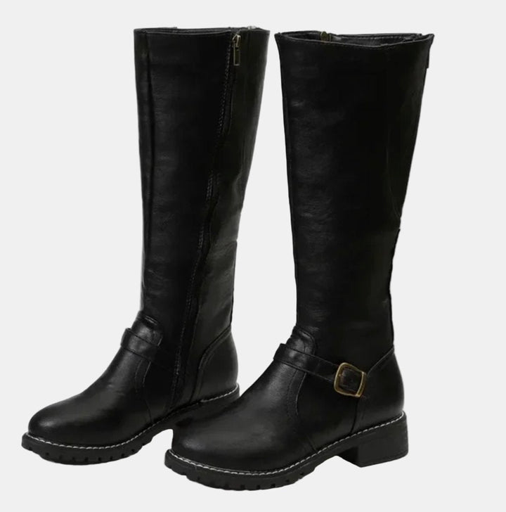 Damen Kniehohe Stiefel mit Schnalle und Reißverschluss Elegante Schlanker Schaft 4