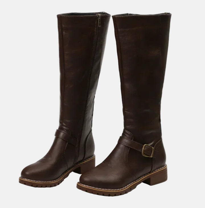 Damen Kniehohe Stiefel mit Schnalle und Reißverschluss Elegante Schlanker Schaft 5