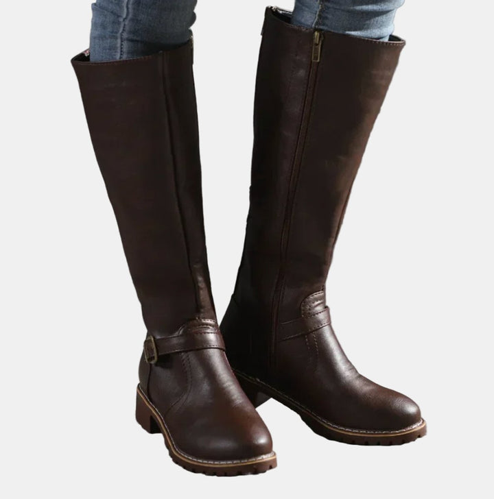 Damen Kniehohe Stiefel mit Schnalle und Reißverschluss Elegante Schlanker Schaft 6