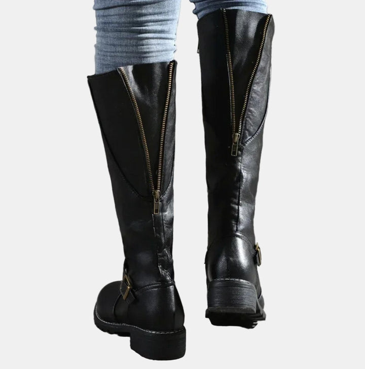 Damen Kniehohe Stiefel mit Schnalle und Reißverschluss Elegante Schlanker Schaft 7