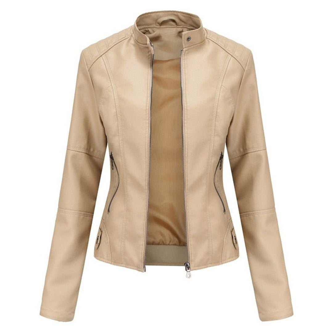 Damen Kurze Taillierte Bikerjacke mit Reißverschluss und Stehkragen 0