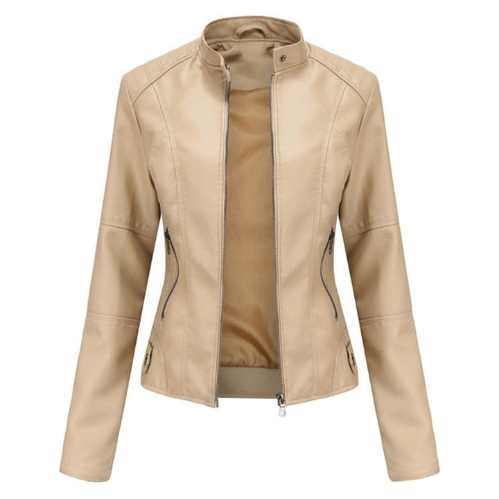 Damen Kurze Taillierte Bikerjacke mit Reißverschluss und Stehkragen 0
