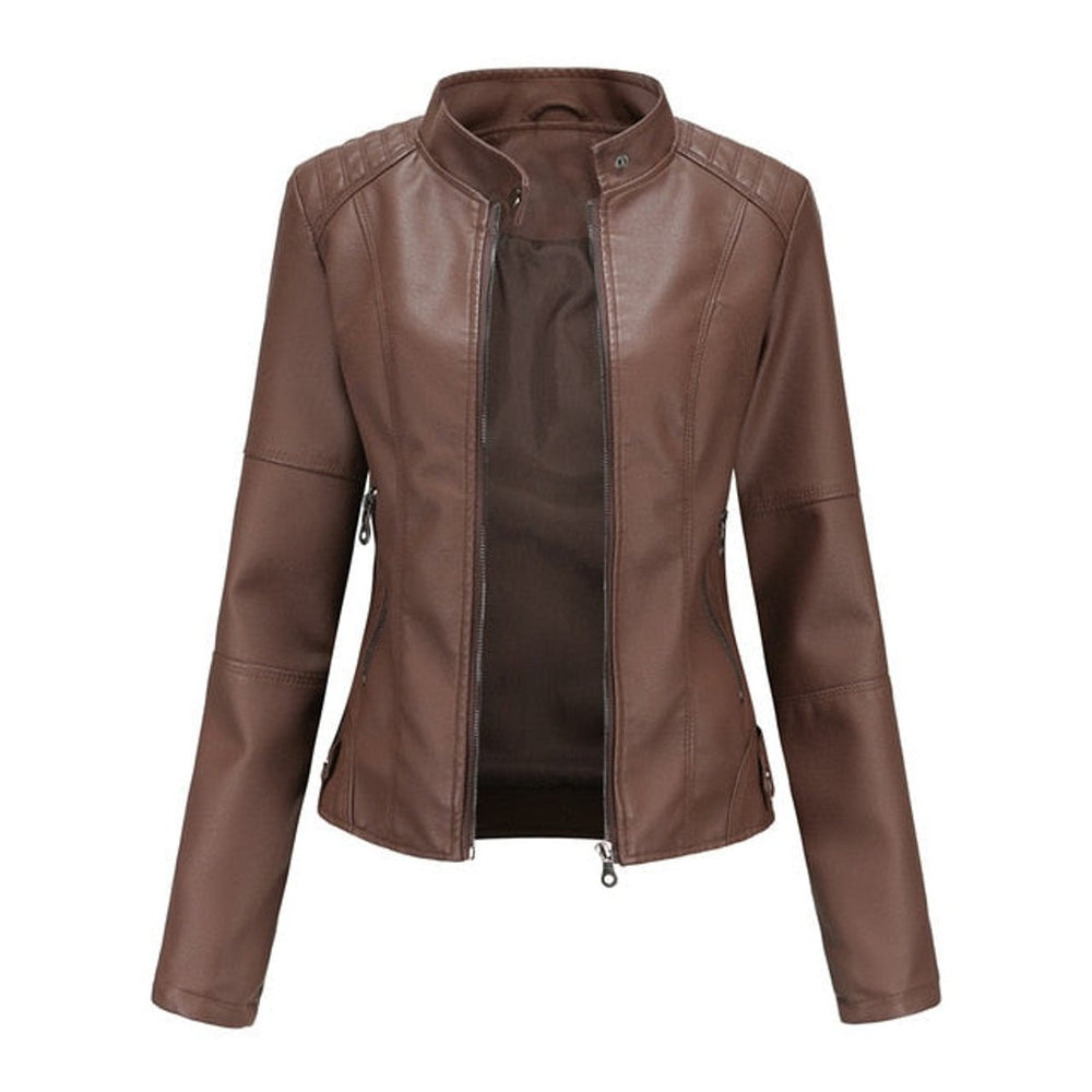Damen Kurze Taillierte Bikerjacke mit Reißverschluss und Stehkragen 1