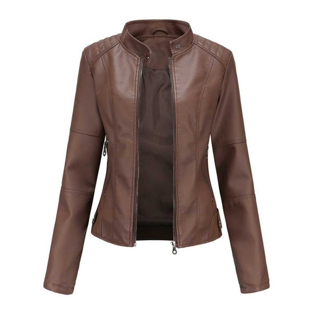 Damen Kurze Taillierte Bikerjacke mit Reißverschluss und Stehkragen 1