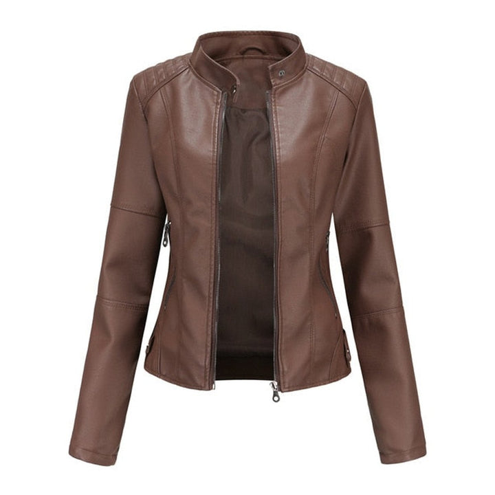 Damen Kurze Taillierte Bikerjacke mit Reißverschluss und Stehkragen 1