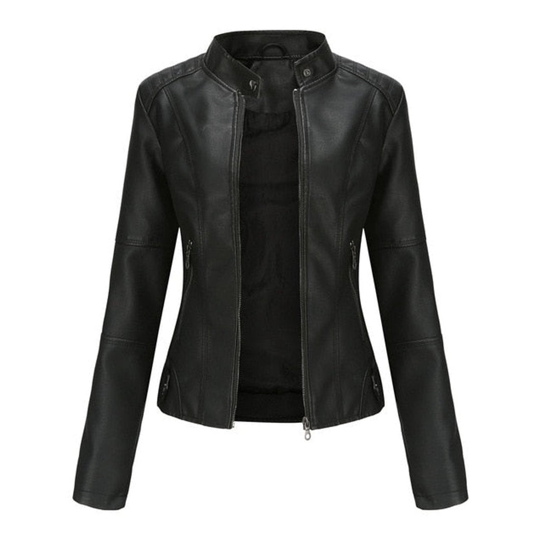 Damen Kurze Taillierte Bikerjacke mit Reißverschluss und Stehkragen 2