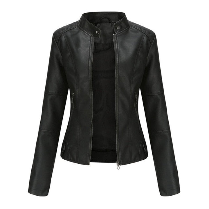 Damen Kurze Taillierte Bikerjacke mit Reißverschluss und Stehkragen 2