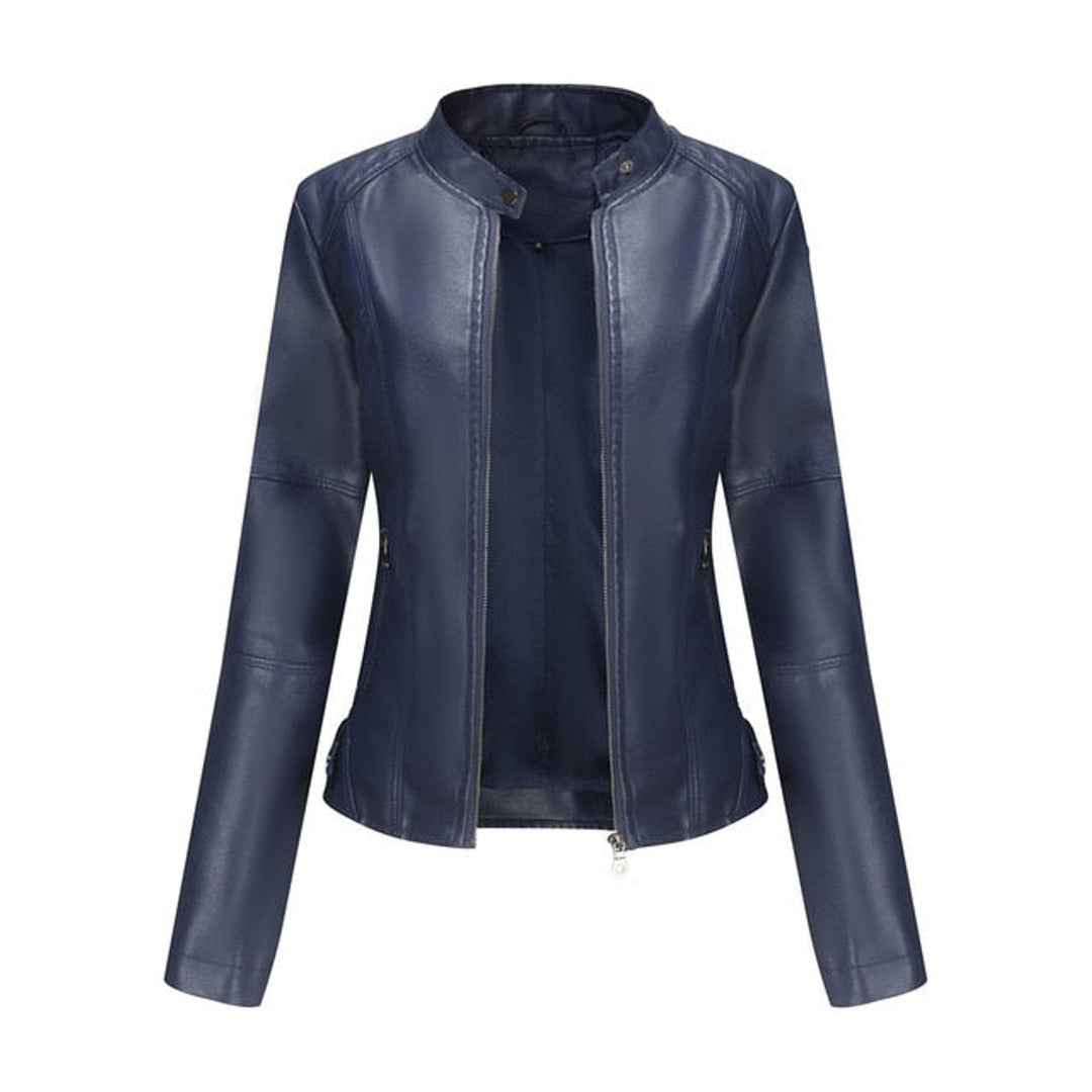 Damen Kurze Taillierte Bikerjacke mit Reißverschluss und Stehkragen 3