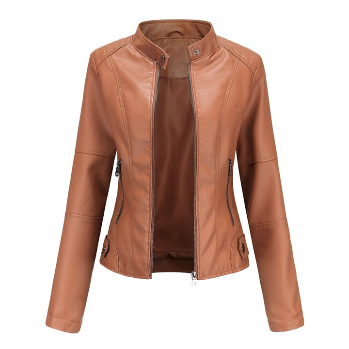 Damen Kurze Taillierte Bikerjacke mit Reißverschluss und Stehkragen 4