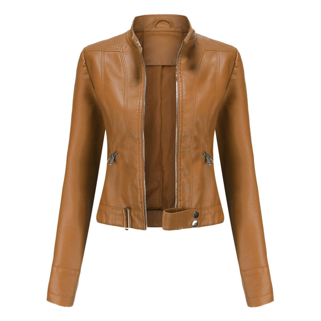 Damen Kurzgeschnittene Bikerjacke mit Reißverschluss Tailliert Urbaner Look 1