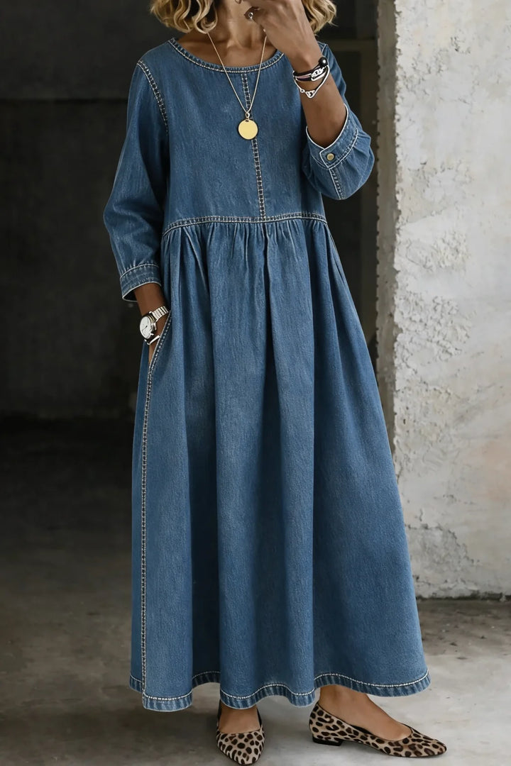 Damen Langarm Smock Kleid Maxi 0