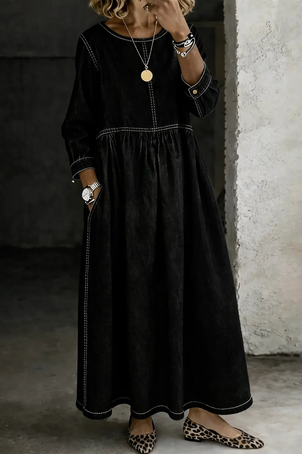 Damen Langarm Smock Kleid Maxi 3