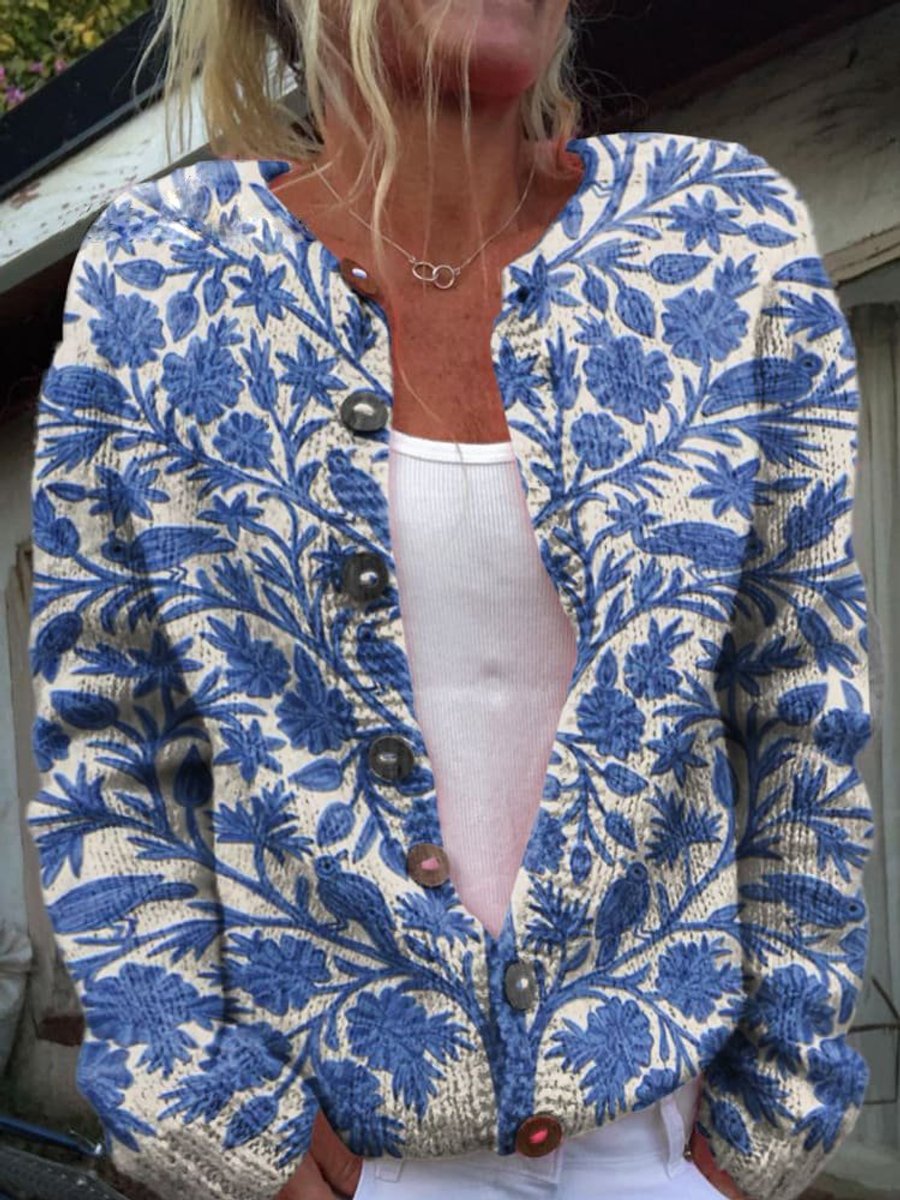 Damen Langarm Strick-Cardigan mit Blumenmuster Romantisch Femininer Look 0